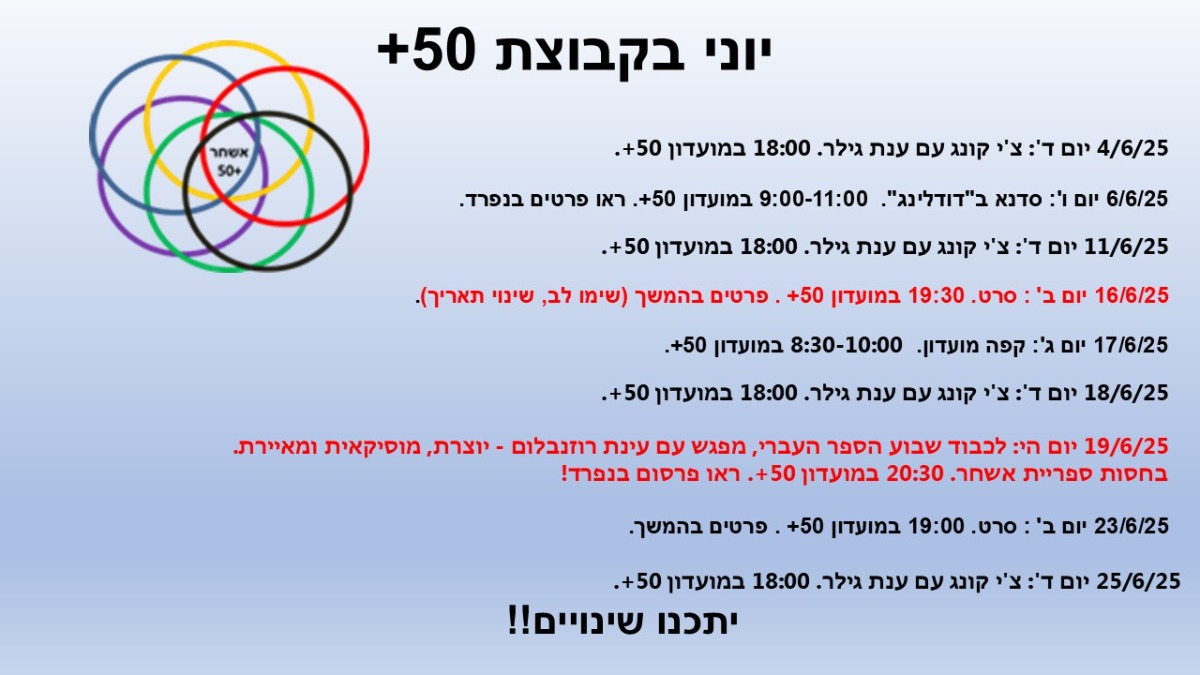 יוני בקבוצת 50+: מעודכן!